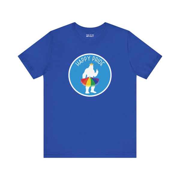 Blue tee with white Bigfoot silhouette, rainbow tutu, and "Happy Pride" text, celebrating festive Pride Parade vibes.