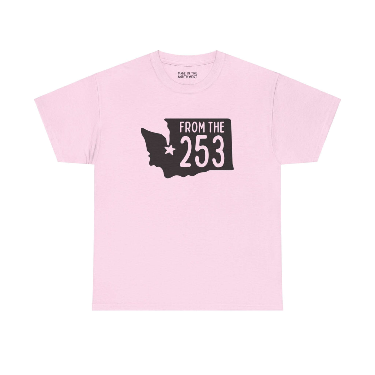 Pink "From the 253" athletic tee with Washington state silhouette and Tacoma star, showcasing local pride and area code.