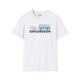 Exploregon Adventure Van T-Shirt featuring a retro blue van and bold lettering on a white background.