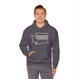 Man wearing Vancouver Washington hoodie with state graphic and 