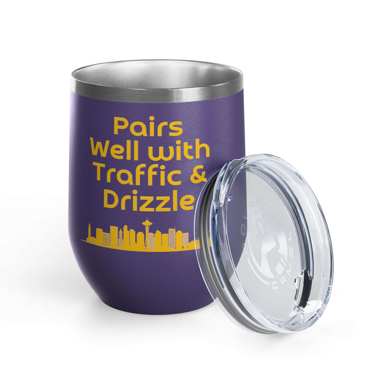Pairs Well with Traffic and Drizzle Seattle PNW Wine Tumbler 12 oz showcasing Seattle skyline design.