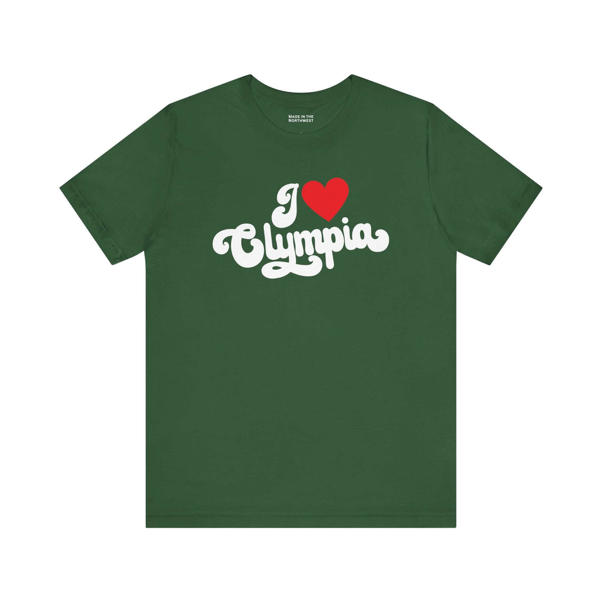I Love Olympia T Shirt in green featuring a cursive design with I ♥ Olympia message.