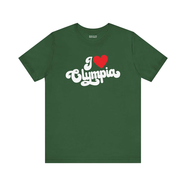I Love Olympia T Shirt in green featuring a cursive design with I ♥ Olympia message.