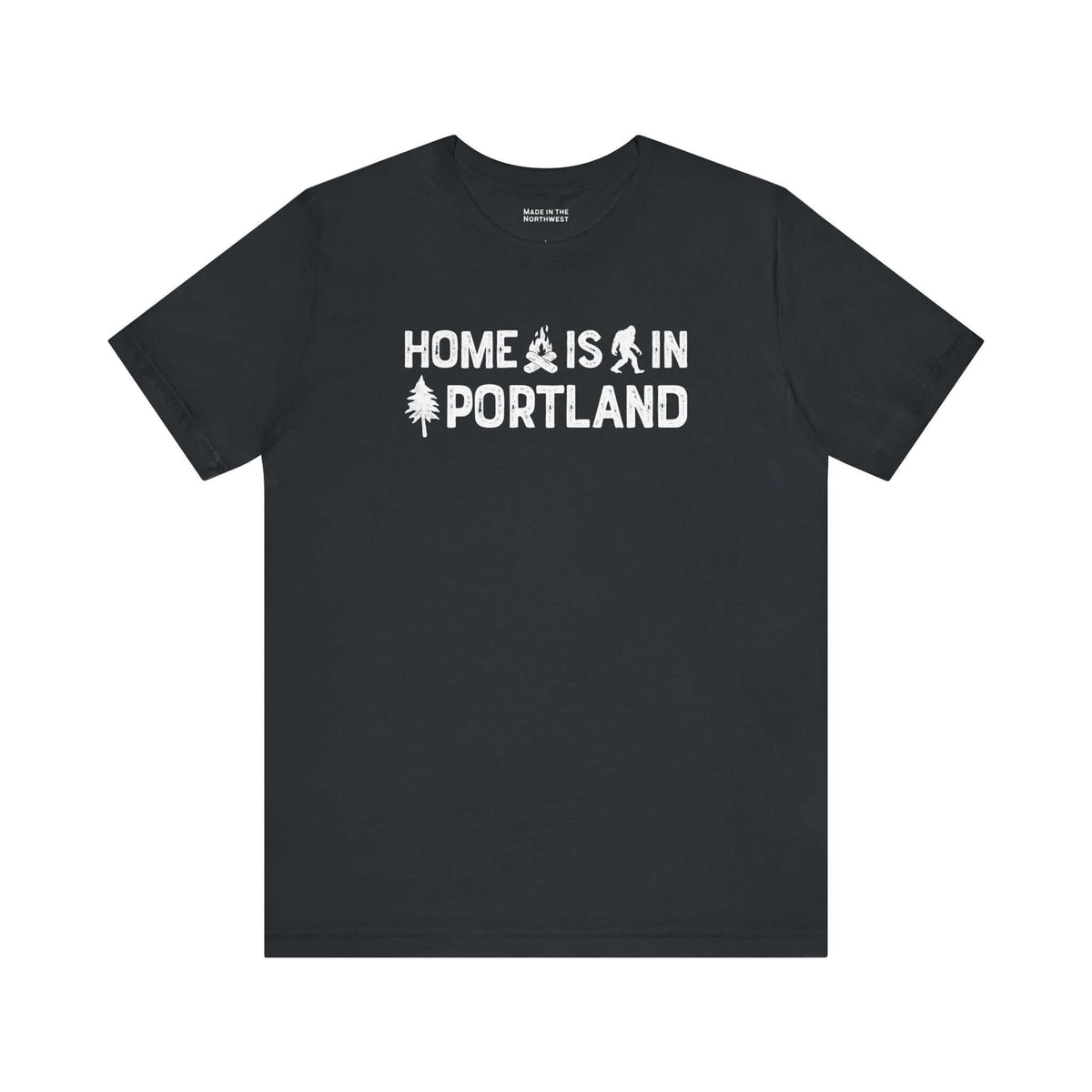 Home Is in Portland Tee – Rose City Pride Shirt featuring campfire, tree, and Bigfoot illustrations.