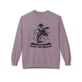 Save the Whales sweatshirt featuring a whale illustration and stars design on a cozy lavender crewneck.