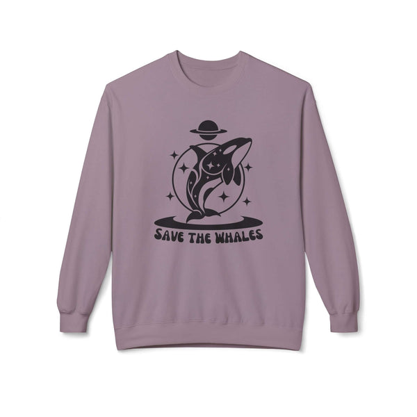 Save the Whales sweatshirt featuring a whale illustration and stars design on a cozy lavender crewneck.