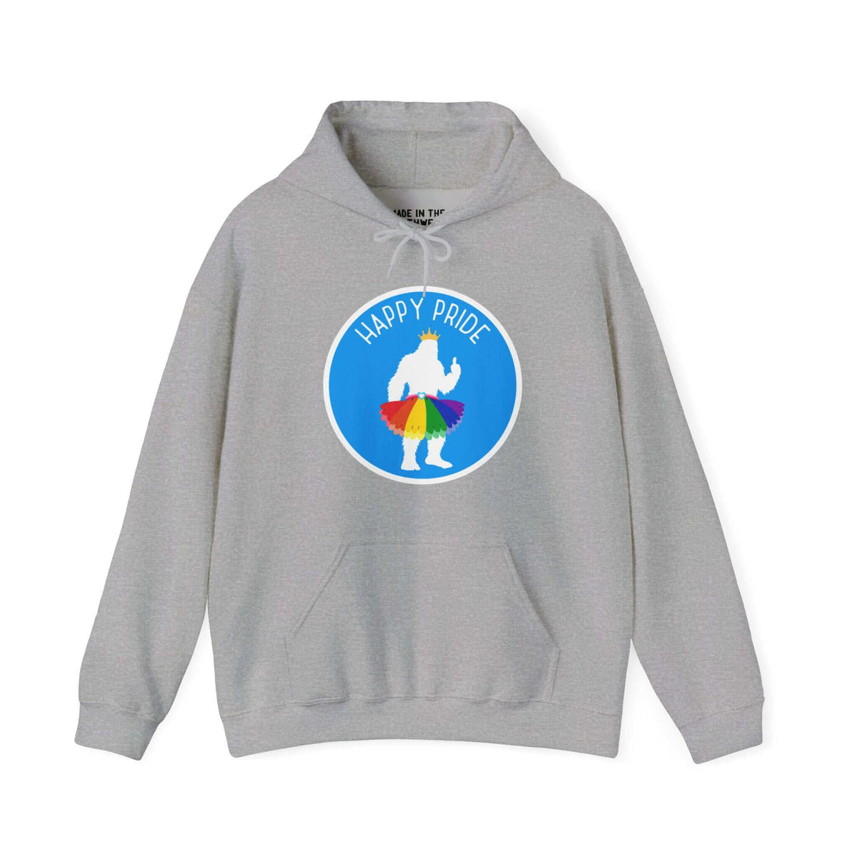 Gray hoodie with whimsical Bigfoot in a rainbow tutu and crown, text "Happy Pride" celebrating LGBTQ+ Pride spirit.