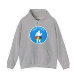 Gray hoodie with whimsical Bigfoot in a rainbow tutu and crown, text 