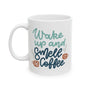 Wake Up and Smell the Coffee Mug with colorful lettering on a glossy white ceramic surface.
