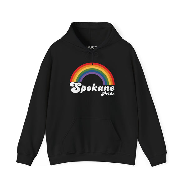 Cozy black hoodie featuring Spokane Pride text and a vibrant rainbow arch design, celebrating inclusivity and love.
