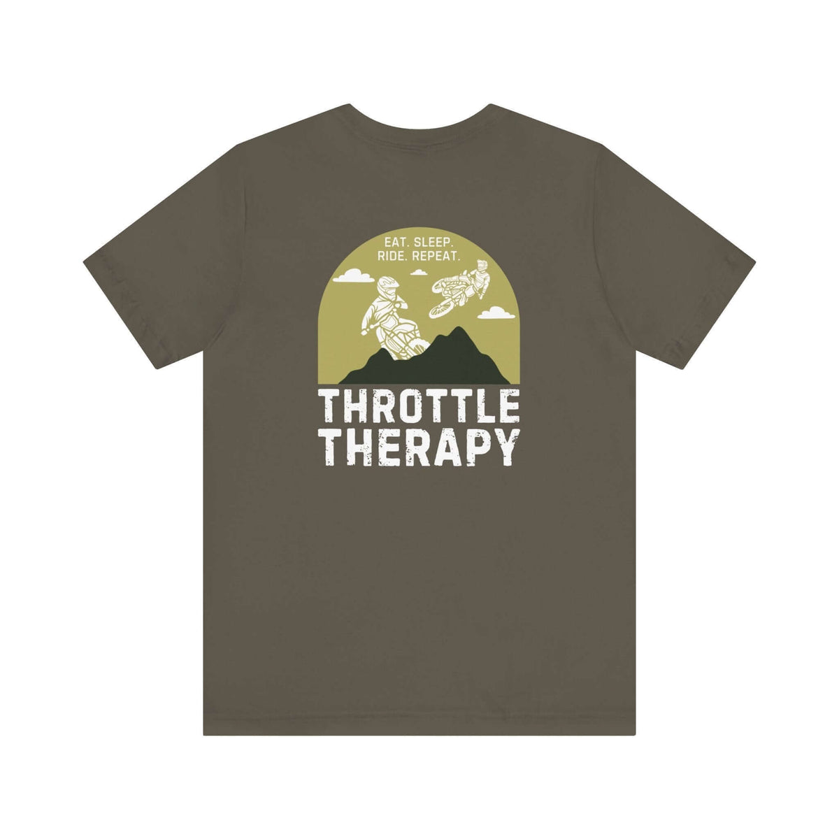 "Throttle Therapy soft tee with dirt bikers jumping against mountain backdrop, perfect for motocross enthusiasts and adventure seekers."