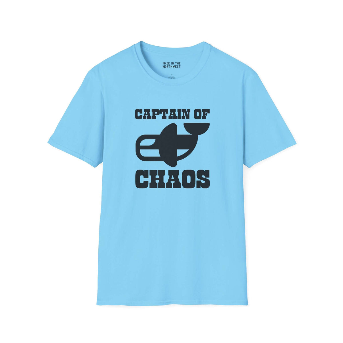 Light blue Captain of Chaos Orca Softstyle T-Shirt featuring bold black text and orca graphic design.