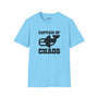 Light blue Captain of Chaos Orca Softstyle T-Shirt featuring bold black text and orca graphic design.