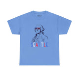 Blue Seattle tee featuring George Washington in sunglasses and bold 'SEATTLE' text for Independence Day celebrations.