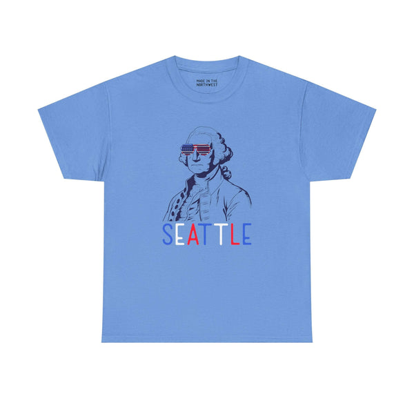 Blue Seattle tee featuring George Washington in sunglasses and bold 'SEATTLE' text for Independence Day celebrations.