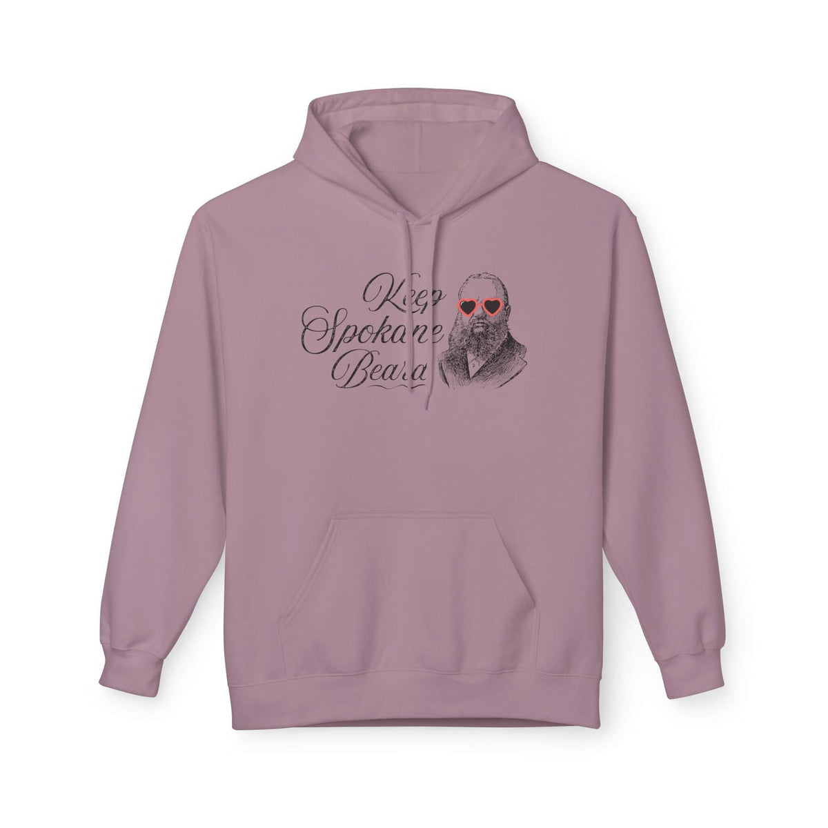 Keep Spokane Beard Hoodie featuring a vintage-style bearded man in heart-shaped sunglasses.