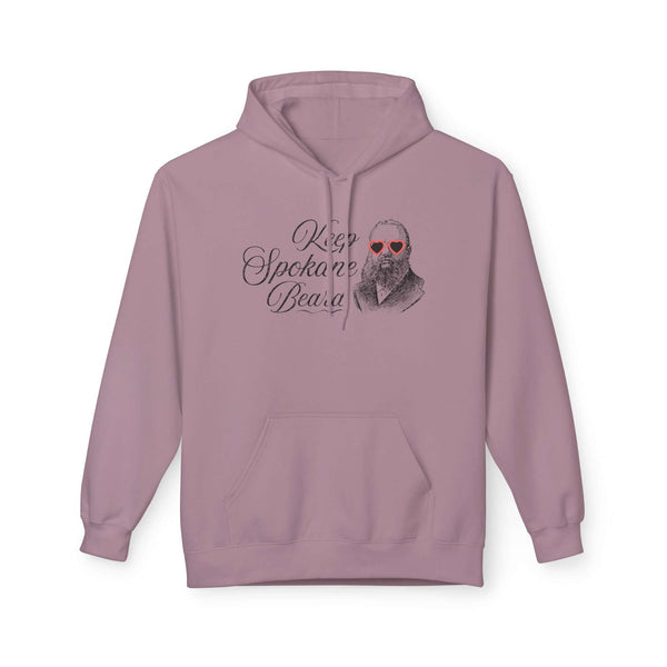 Keep Spokane Beard Hoodie featuring a vintage-style bearded man in heart-shaped sunglasses.