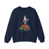 Navy sweatshirt featuring a gnome with an axe, standing on a stump with the text 'Say Hello to My Little Friend' below.