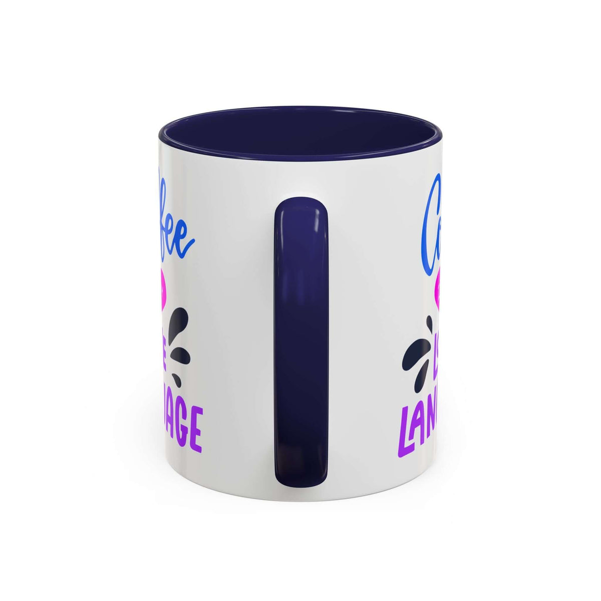 Coffee Is My Love Language Mug with colorful graphics and a navy blue interior and handle.