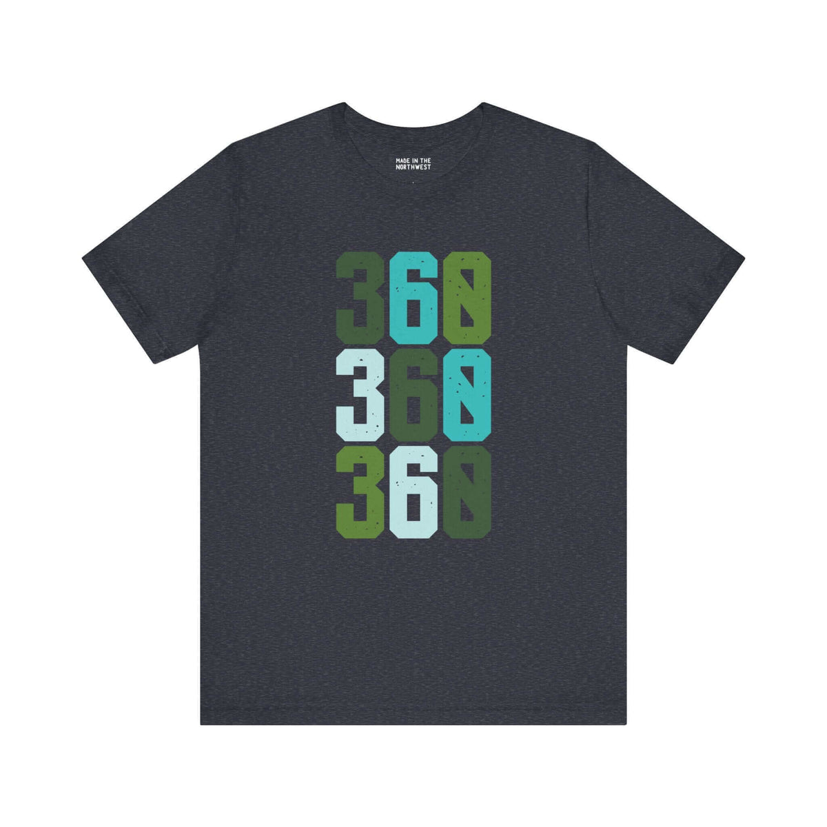 "Three-Six-Oh Pop Soft Tee showcasing bold 360 area code design in vibrant colors, celebrating Pacific Northwest pride."