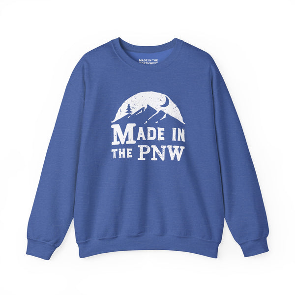 Made in the PNW Sweatshirt – Distressed Mountain Crewneck in blue with mountain graphic