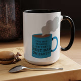 Glossy ceramic mug with playful design saying 'This mug belongs to the BEST DAD ON EARTH!' with steam.