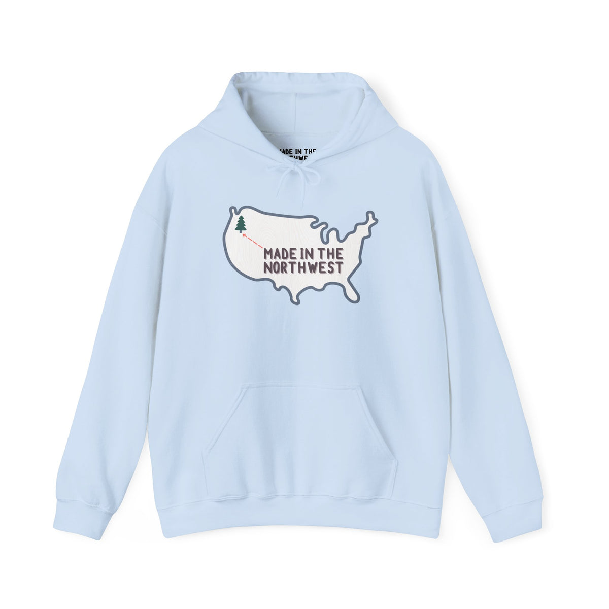 Light blue hoodie with "Made in the Northwest" design featuring a woodgrain map of the USA.