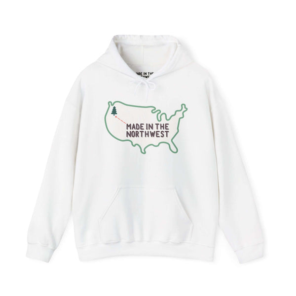 Evergreen is Where It's At Hoodie Show your love for the Pacific Northwest with our exclusive "Evergreen is Where it's At" hooded sweatshirt. This design features the woodgrain United States with a tree marking the PNW location, highlighted by an arrow an