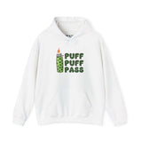 White hooded sweatshirt with 'Puff Puff Pass' and lighter design, perfect for cannabis lovers.