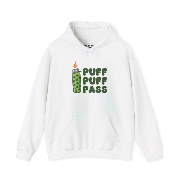 White hooded sweatshirt with 'Puff Puff Pass' and lighter design, perfect for cannabis lovers.