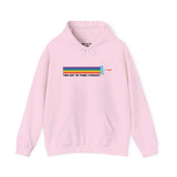Too Gay To Think Straight hoodie in pink with rainbow paint roller design, perfect for Pride or everyday fabulousness.