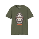 Gentleman of the Woods Bigfoot softstyle t-shirt with a well-groomed Sasquatch wearing glasses and a bowtie.