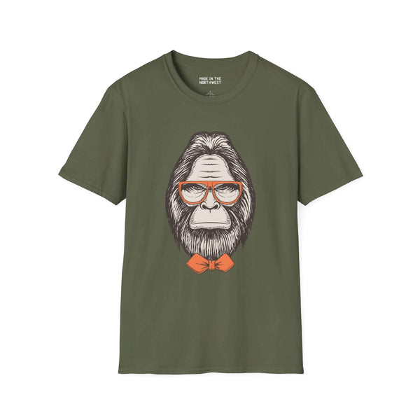 Gentleman of the Woods Bigfoot softstyle t-shirt with a well-groomed Sasquatch wearing glasses and a bowtie.