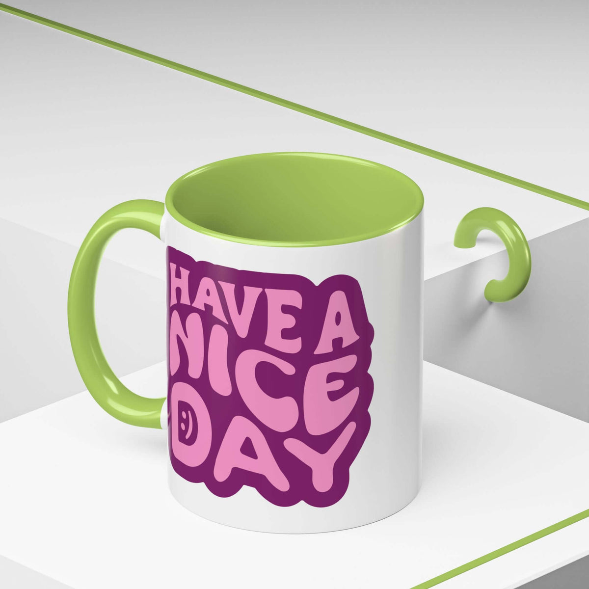 Cheerful Have a Nice Day Mug with purple lettering and lime green handle and interior.
