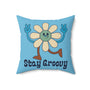 Stay Groovy Peace Flower Square Accent Pillow featuring a playful flower design with retro vibes and colorful text.