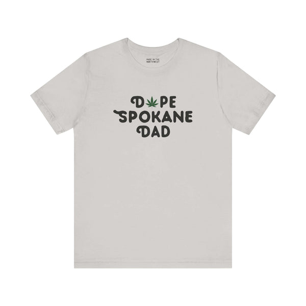 Dope Spokane Dad soft tee featuring playful marijuana leaf design, perfect for cool dads in Lilac City.