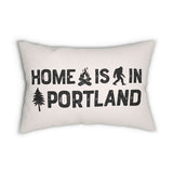 Home is in Portland Lumbar Accent Pillow featuring Bigfoot and campfire design for local charm.