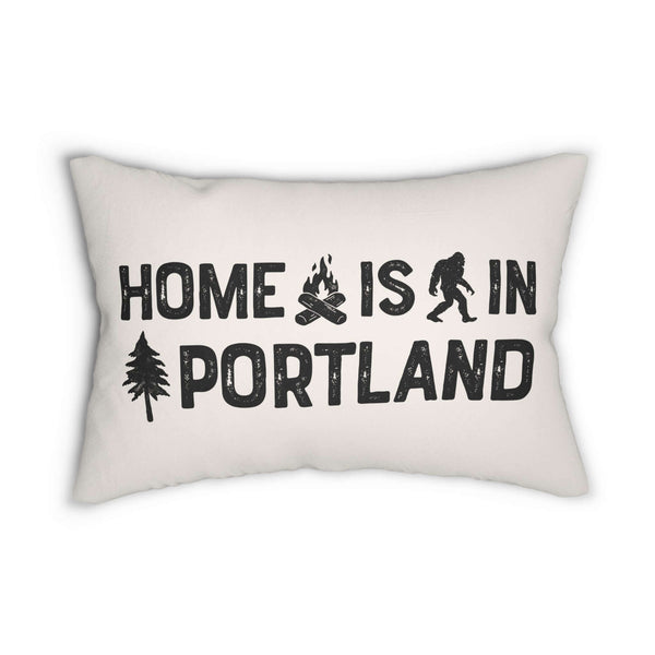Home is in Portland Lumbar Accent Pillow featuring Bigfoot and campfire design for local charm.