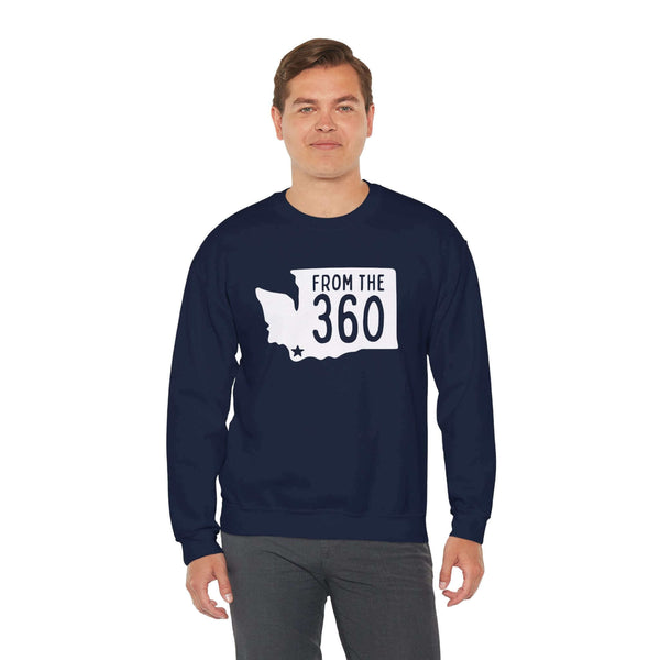 Man wearing "From the 360" sweatshirt with Washington state silhouette and Vancouver star, showcasing local pride.