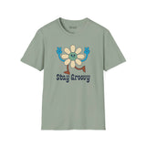 Stay Groovy T Shirt featuring a retro flower design and vintage lettering for a laid-back vibe.