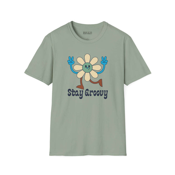 Stay Groovy T Shirt featuring a retro flower design and vintage lettering for a laid-back vibe.