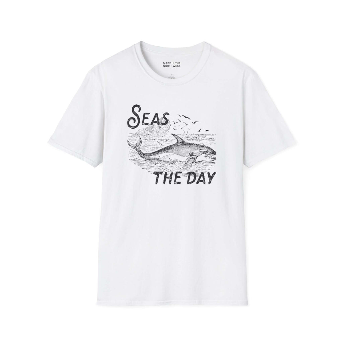 Seas the Day T Shirt featuring an orca illustration and coastal design on a white tee.