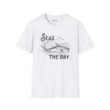 Seas the Day T Shirt featuring an orca illustration and coastal design on a white tee.