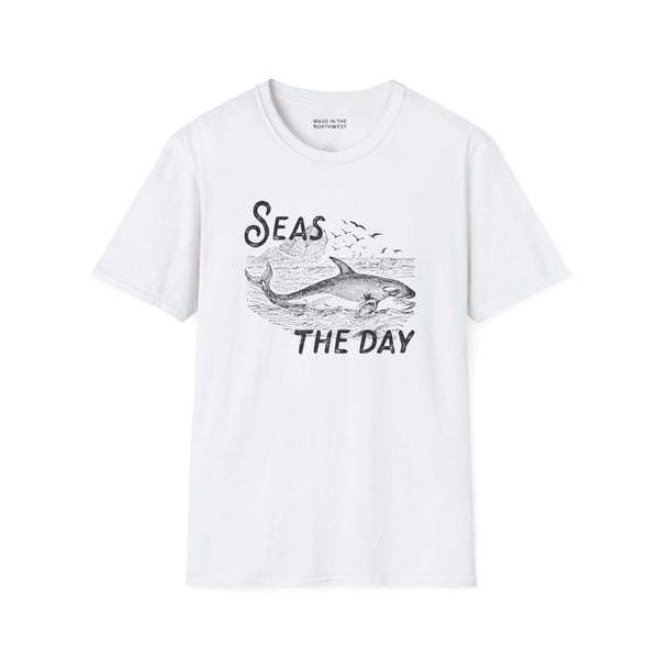 Seas the Day T Shirt featuring an orca illustration and coastal design on a white tee.