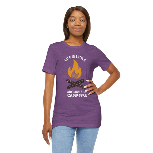 Cozy campfire chronicles premium soft tee in purple with campfire design for outdoor lovers and hikers.