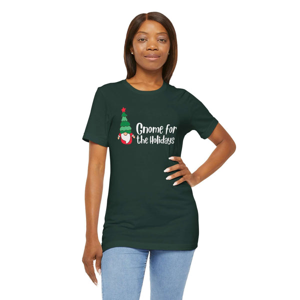 Model wearing Gnome for the Holidays Premium Soft Tee with Christmas gnome design, perfect for festive celebrations.