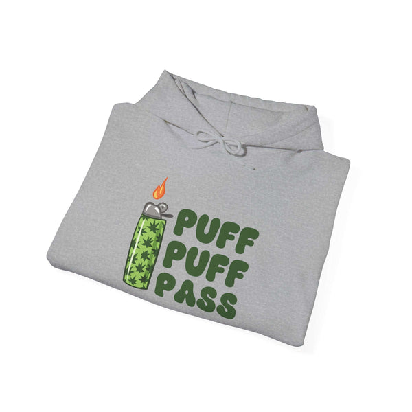 Gray hooded sweatshirt featuring a green lighter and 'Puff Puff Pass' text, perfect for cannabis enthusiasts.