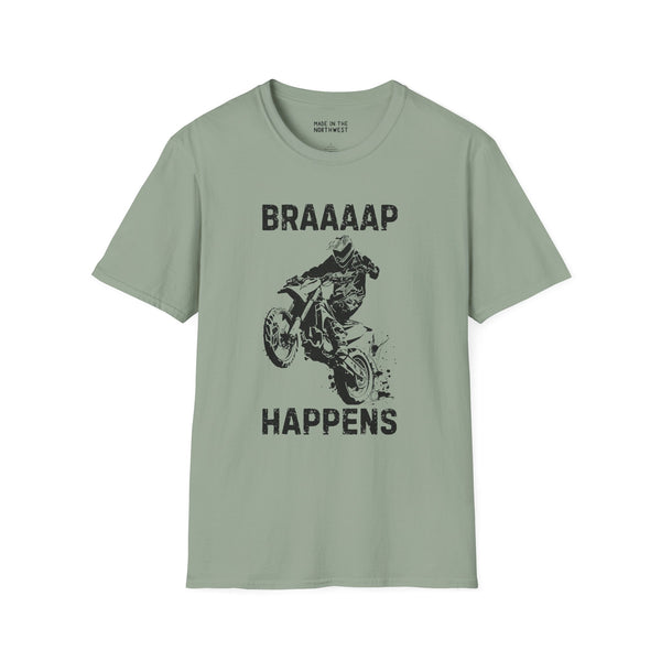 Braaaap Happens motocross softstyle t-shirt in green, featuring a rider on a dirt bike graphic.