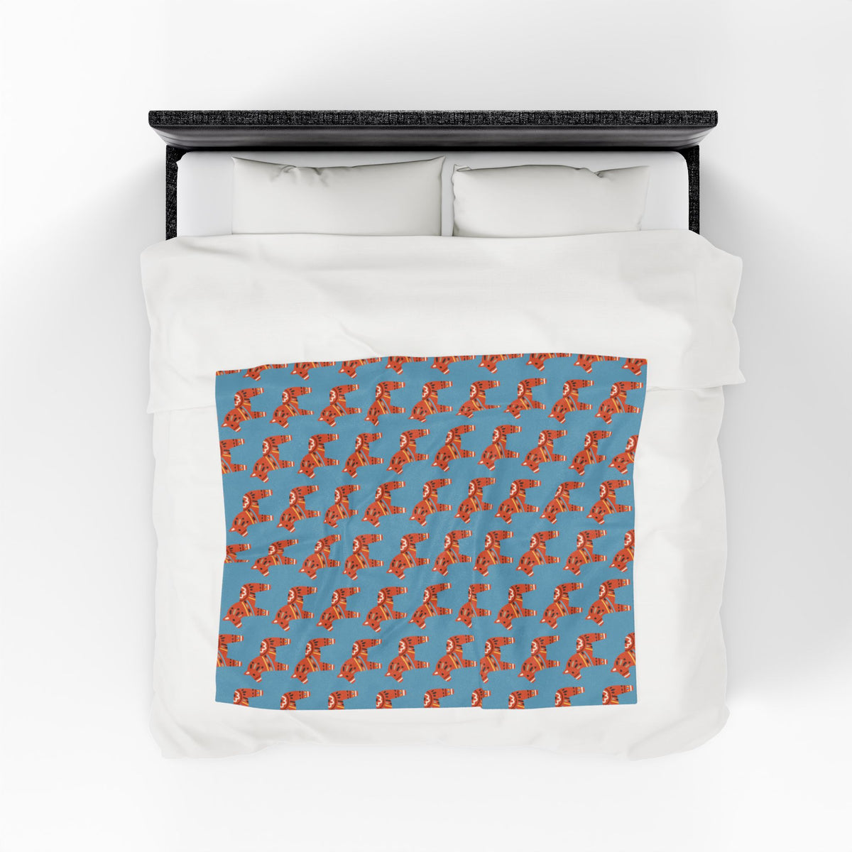 Dala Horse Blanket – Scandi Spirit Lightweight Cozy Throw featuring colorful horse patterns on a blue background.