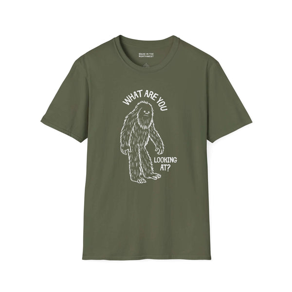 What Are You Looking At T Shirt featuring a sasquatch graphic and funny text on an olive-green background.